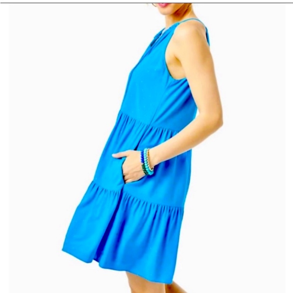 LILY PULITZER LITIA DRESS IN FORMENTERA TURQUOISE METALLIC CLIP RAYON VOILE.